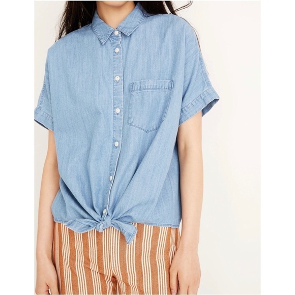 MADEWELL Denim Short Sleeve Tie Front Shirt Size S - Picture 3 of 11